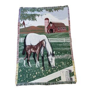 Vintage 90s Farm Horse Barn Fringe Tapestry Blanket 65 X‎ 44 Mare Colt